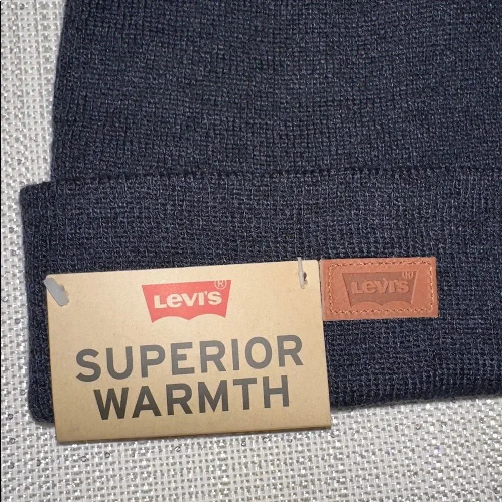 LEVI’S OS Unisex Navy Brown Leather Patch Logo Knit Beanie Hat Superior Warmth